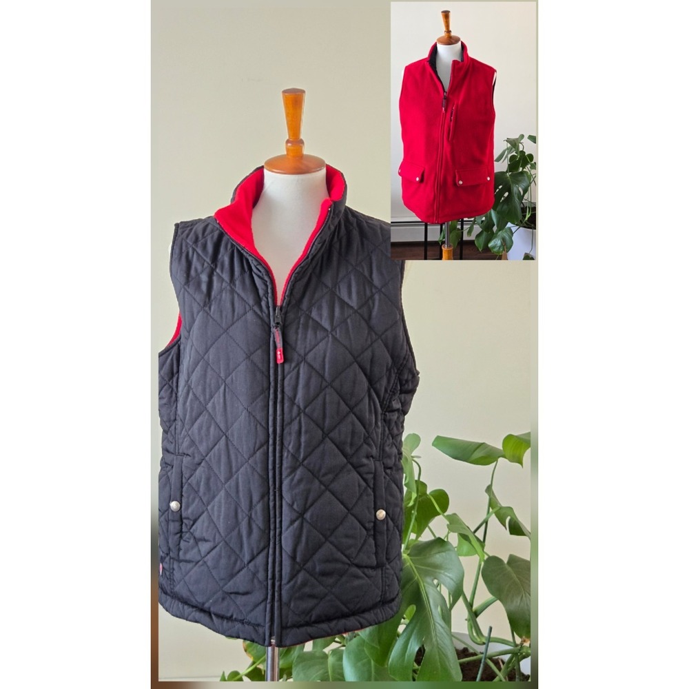 Lauren Ralph Lauren Quilted Vest Jacket Womens Black Red Size M Full Zip Pockets